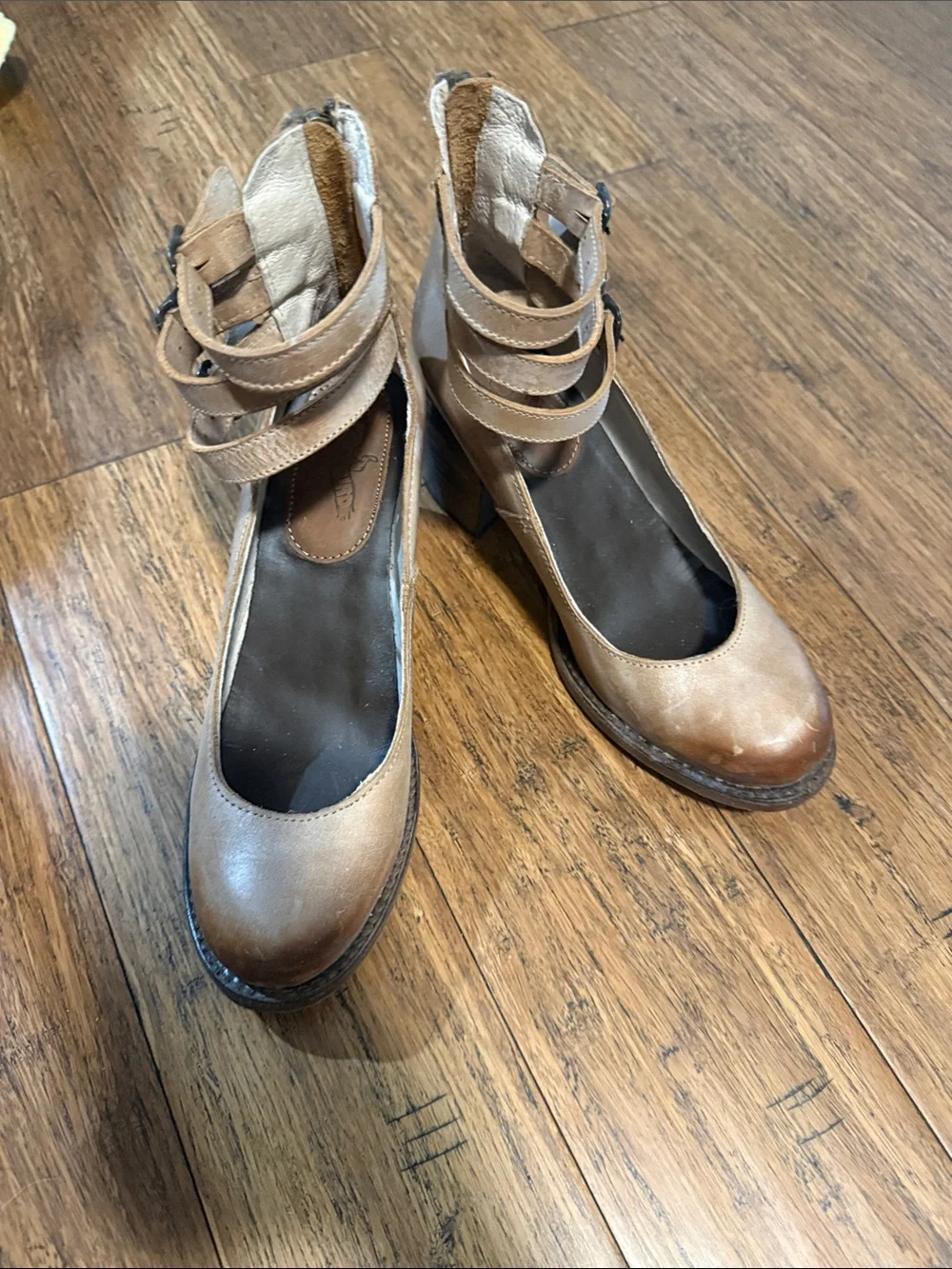 freebird Tan Leather Ankle-Strap Wedge